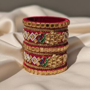 Handcrafted Maroon Silk Thread Peacock Design Bangle Stack