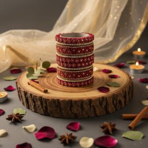 Handcrafted Traditional Ruby Color Festive Silk Thread Stacked Bangle Set