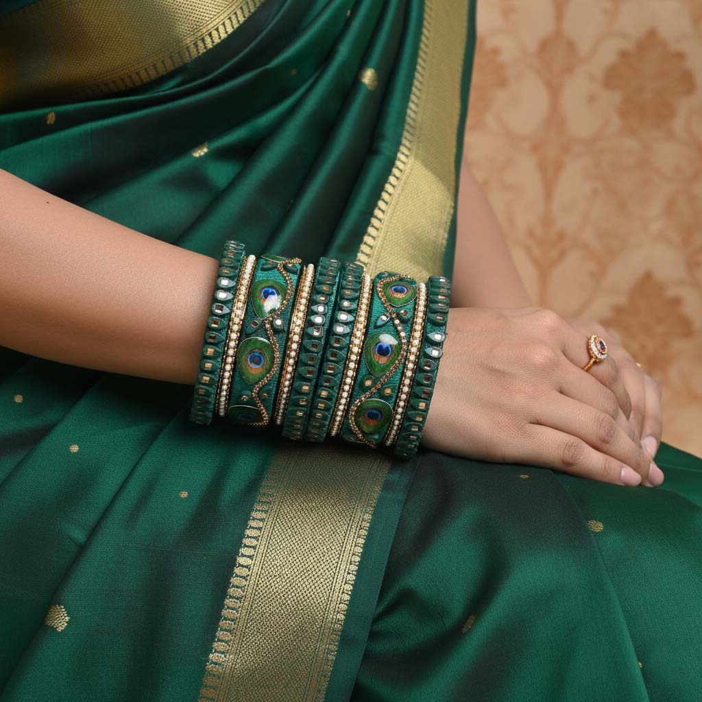 A royal dark green silk thread chuda bangle set meticulously handcrafted with high-definition peacock feather eye motifs, multi-shaped gold stone grids, and rows of tiny white faux pearls, stacked on a textured fabric backdrop.