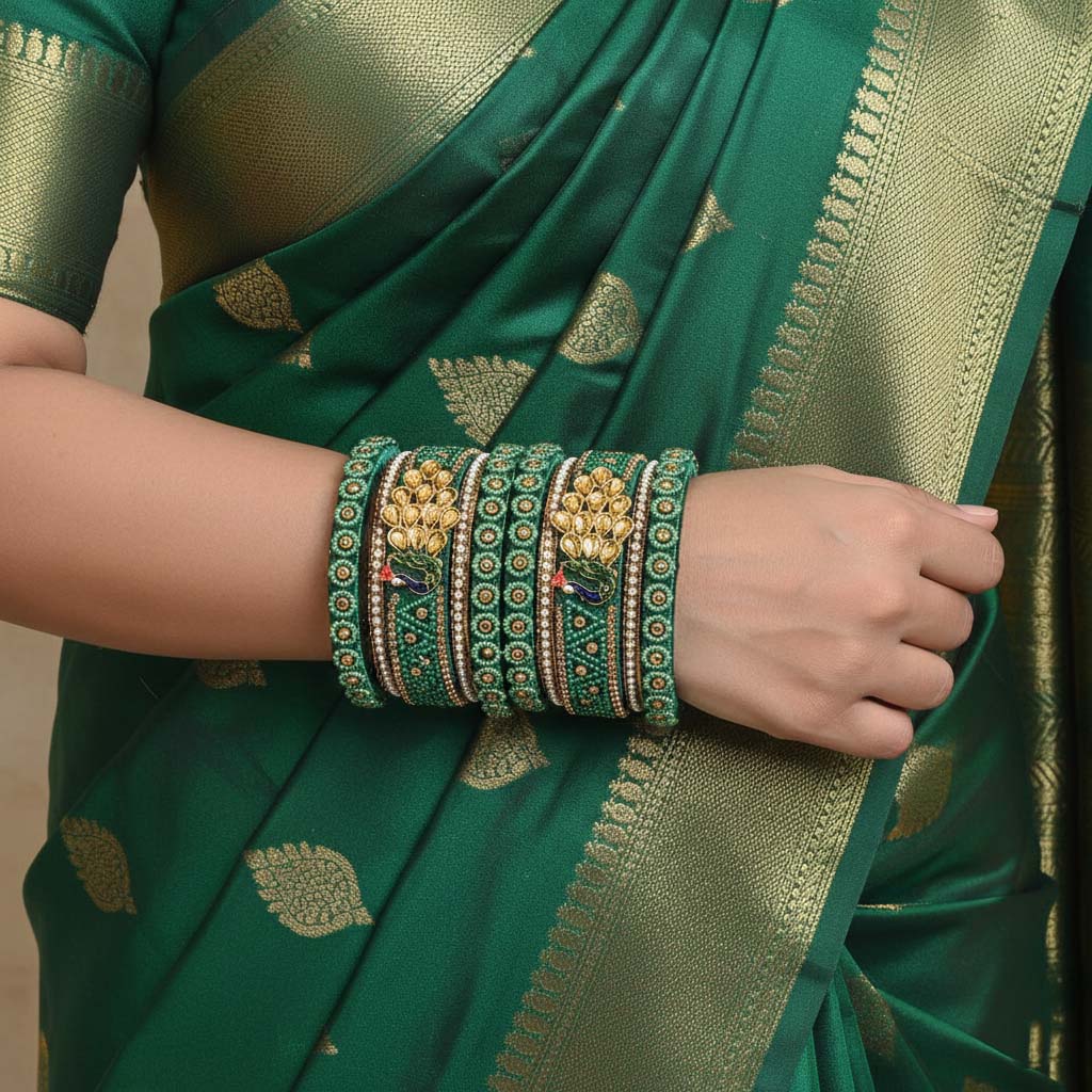 An elegant emerald green traditional Indian bangle chuda set featuring intricate gold Kundan stone patterns, tiny faux white pearls, and detailed meenakari peacock motifs, displayed stacked on a beige fabric over a wooden base.