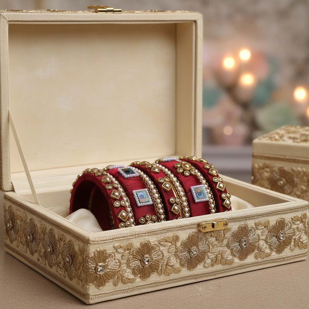 Maroon silk thread bridal bangle set with Kundan jewelry work and gold accents