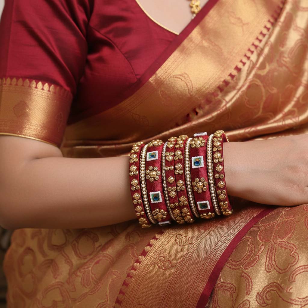 Maroon silk thread bridal bangle set with Kundan jewelry work and gold accents