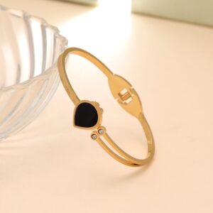 Gold Bangle Bracelet with Black Teardrop Enamel & Crystal Accents