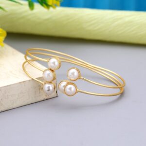 Triple Wire Pearl Open Cuff Bracelet – Matte Gold Tone
