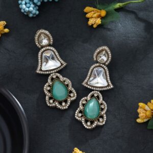 Sea Green Monalisa & American Diamond Drop Earrings