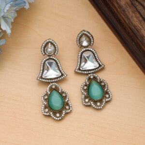 Sea Green Monalisa & American Diamond Drop Earrings