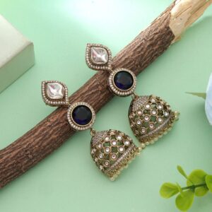 Royal Blue Monalisa Stone & American Diamond Jhumka Earrings