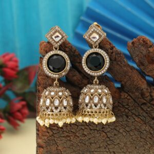 Black Monalisa Stone & American Diamond Jhumka Earrings