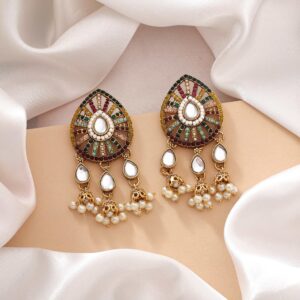Multi Color Kundan Earrings With Antique Gold Polish And Elegant Pearl Work