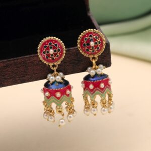 Traditional Indian Meenakari jhumka earrings with floral work and hanging faux pearls