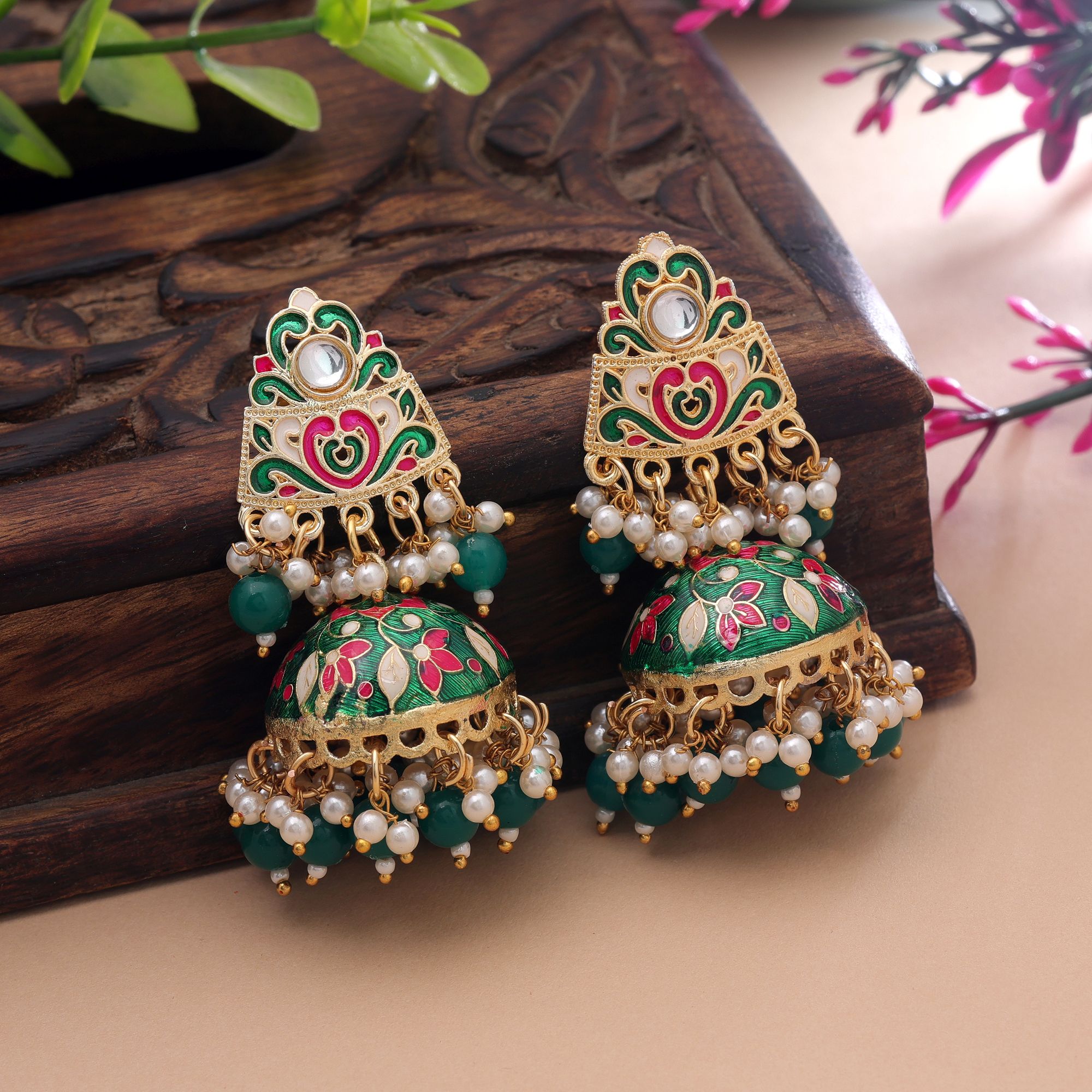 Meenakari jhumka earrings with pearl and bead danglers
