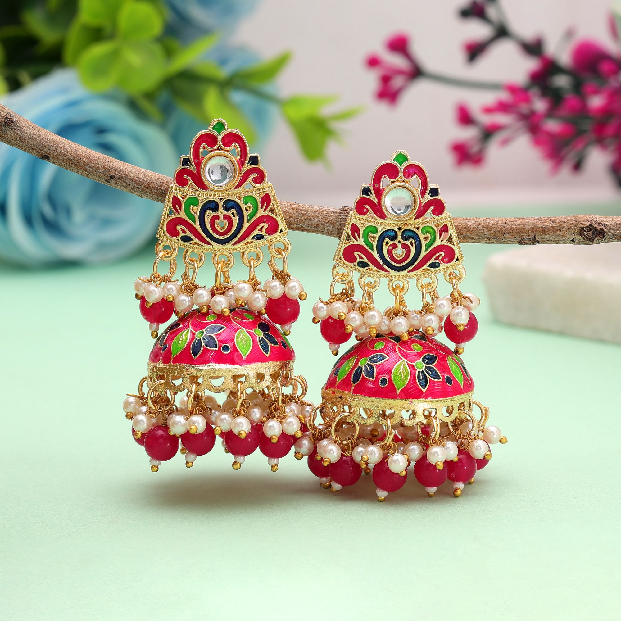 Meenakari jhumka earrings with pearl and bead danglers