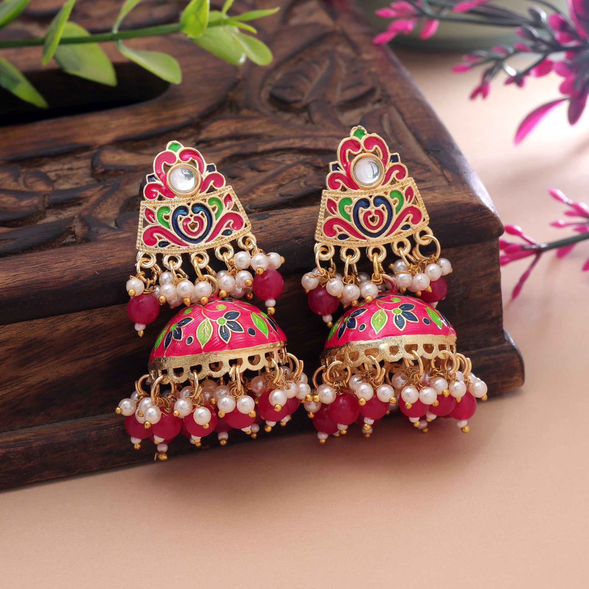 Meenakari jhumka earrings with pearl and bead danglers