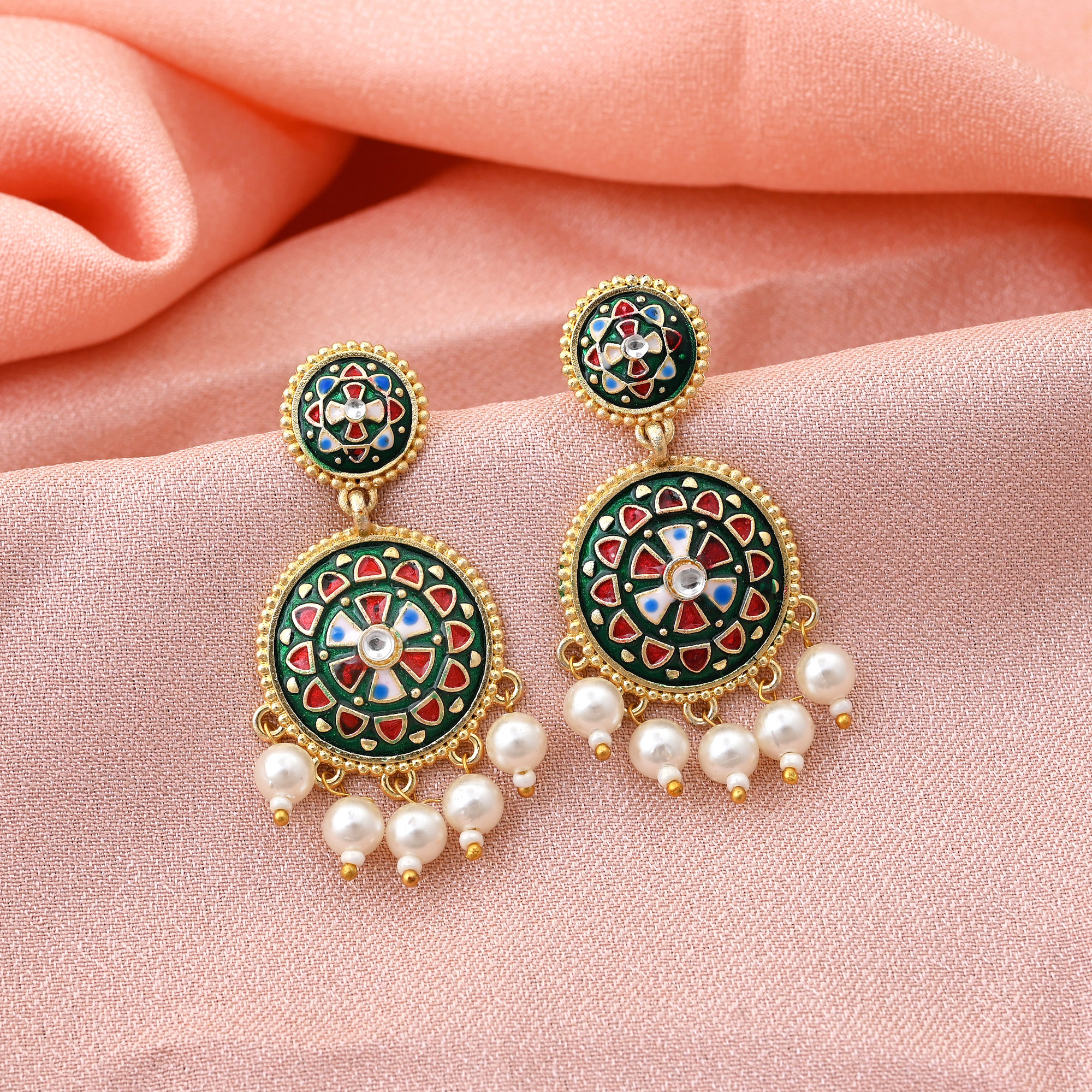 Green Meenakari earrings with pearl drop danglers