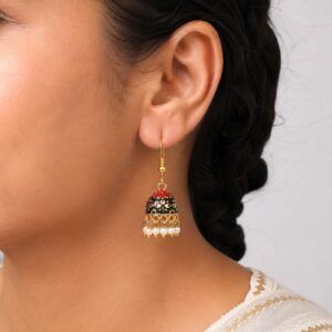 Gold-Toned Maroon & Black Dual-Toned Mini Meenakari Jhumka Earrings