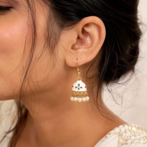 White Meenakari Pearl Jhumka Earrings