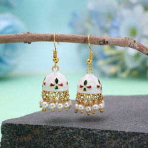 White Meenakari Pearl Jhumka Earrings