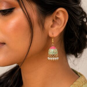 Gold-Toned Pink & Mint Green Dual-Toned Mini Meenakari Jhumka Earrings