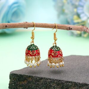 Gold-Toned Green & Pink Dual-Toned Mini Meenakari Jhumka Earrings