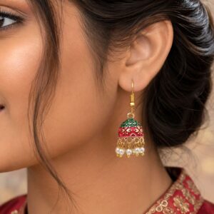 Gold-Toned Green & Pink Dual-Toned Mini Meenakari Jhumka Earrings
