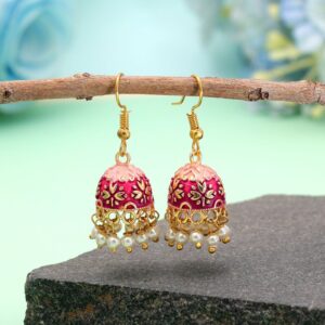 Gold-Toned Pink & Magenta Dual-Toned Mini Meenakari Jhumka Earrings