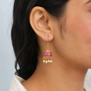 Gold-Toned Pink & Magenta Dual-Toned Mini Meenakari Jhumka Earrings