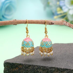 Gold-Toned Pink & Firozi Dual-Toned Mini Meenakari Jhumka Earrings