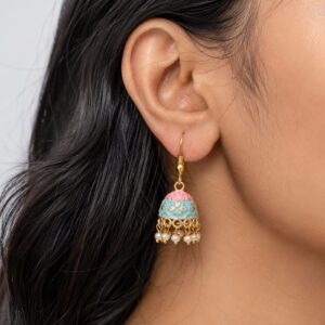 Gold-Toned Pink & Firozi Dual-Toned Mini Meenakari Jhumka Earrings