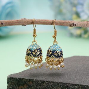 Handcrafted Royal Blue & Light Blue Floral Meenakari Jhumka Earrings with Pearl Clusters