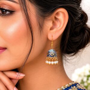 Handcrafted Royal Blue & Light Blue Floral Meenakari Jhumka Earrings with Pearl Clusters