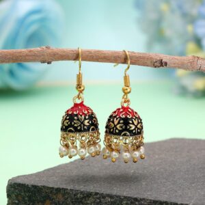 Gold-Toned Maroon & Black Dual-Toned Mini Meenakari Jhumka Earrings