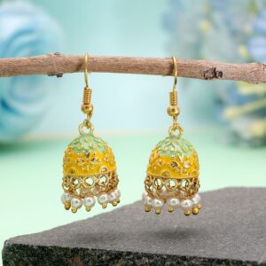 Gold-Toned Mint Green & Yellow Dual-Toned Mini Meenakari Jhumka Earrings