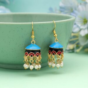 Handcrafted Sky Blue & Black Meenakari Jhumka Earrings with Pearl Drops