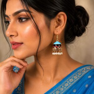 Handcrafted Sky Blue & Black Meenakari Jhumka Earrings with Pearl Drops