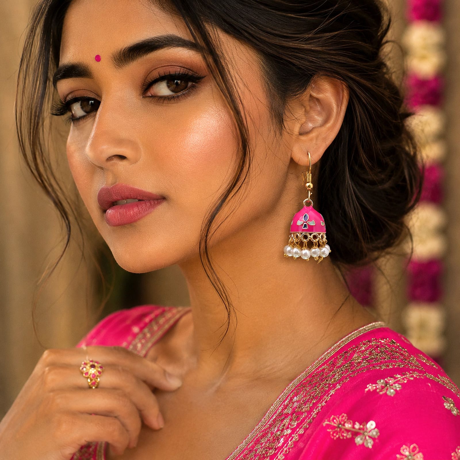 Bring subtle elegance to your wardrobe with these white Meenakari jhumka earrings, designed for both daily wear and special occasions. Crafted with a lightweight gold-toned frame, the compact bell-shaped domes feature smooth white enamelwork detailed with delicate red and green accents. A dainty rim of hanging white pearl beads adds soft charm and graceful movement. Styled with easy fish-hook earwires for all-day comfort, these versatile jhumkas pair effortlessly with everyday kurtas, casual fusion wear, or festive outfit ensembles.