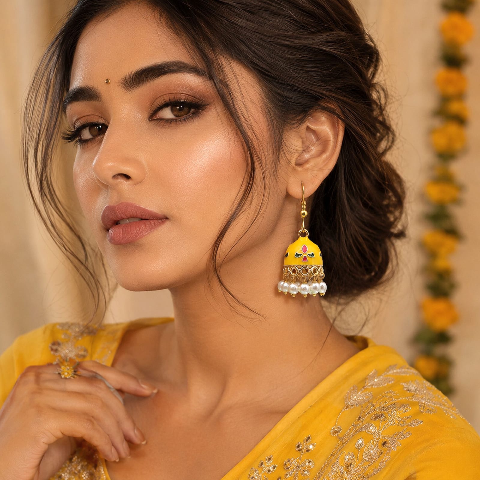 Bring subtle elegance to your wardrobe with these yellow Meenakari jhumka earrings, designed for both daily wear and special occasions. Crafted with a lightweight gold-toned frame, the compact bell-shaped domes feature smooth white enamelwork detailed with delicate red and green accents. A dainty rim of hanging white pearl beads adds soft charm and graceful movement. Styled with easy fish-hook earwires for all-day comfort, these versatile jhumkas pair effortlessly with everyday kurtas, casual fusion wear, or festive outfit ensembles.