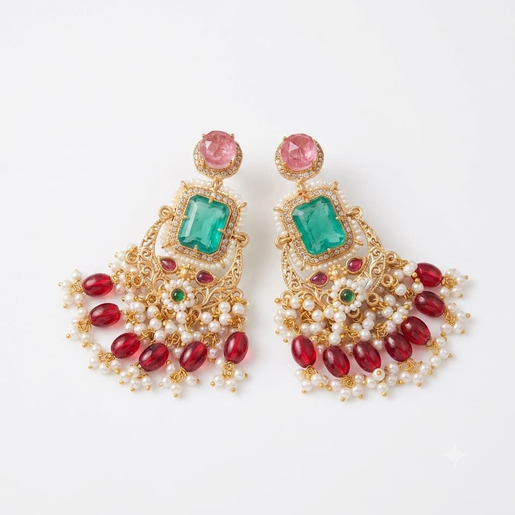 Royal Emerald & Pink Chandelier Earrings - Image 3