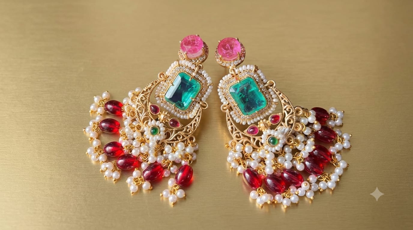 Royal Emerald & Pink Chandelier Earrings - Image 2