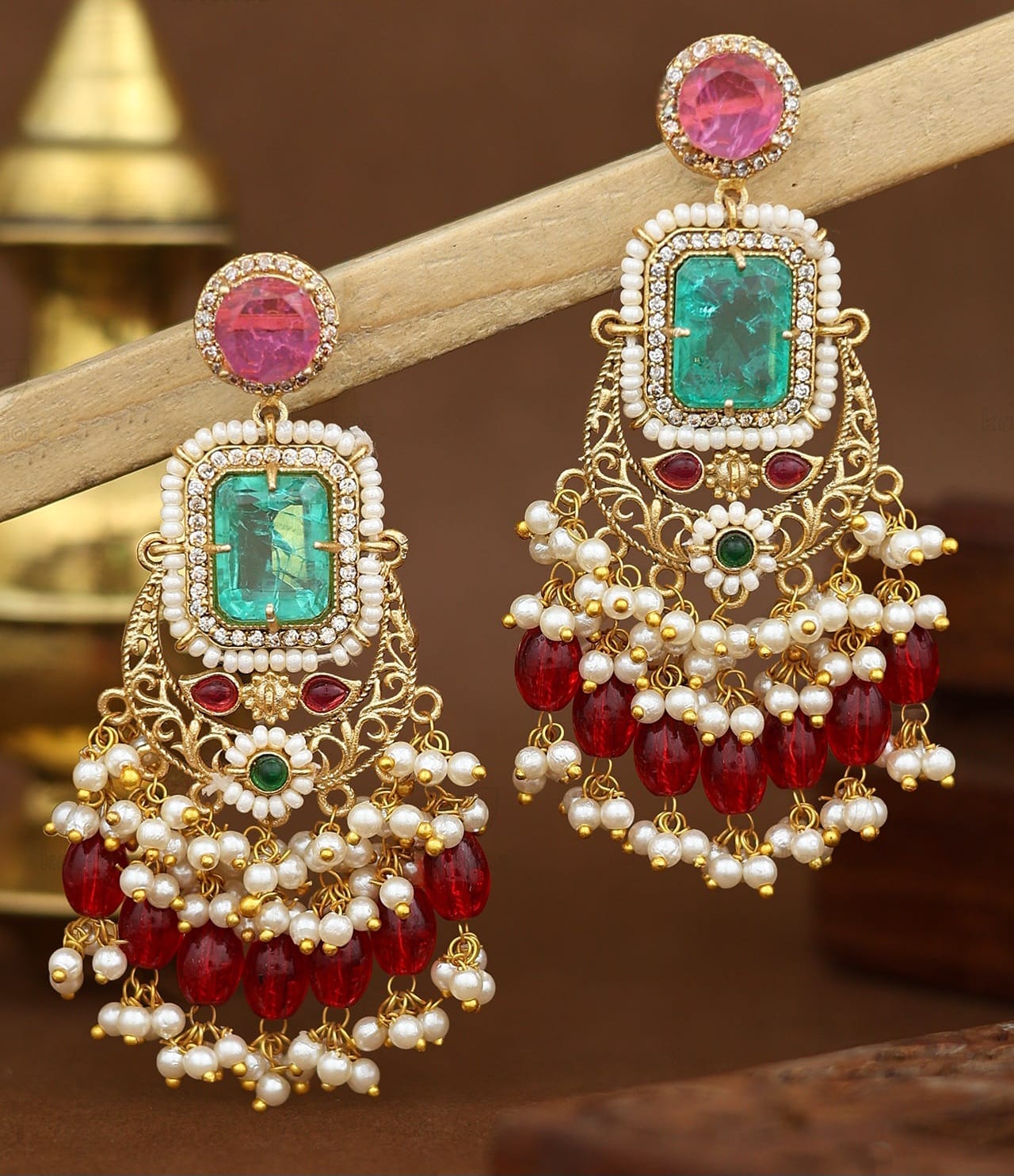 Royal Emerald & Pink Chandelier Earrings