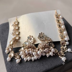 Antique Gold Kundan & Pearl Jhumka with Ear Chain