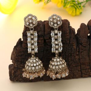 Antique Gold Kundan & White Bead Statement Jhumka Earrings