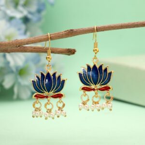 Handpainted Blue Lotus Meenakari Dangle Earrings with Pearl Drops