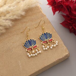 Handpainted Blue Lotus Meenakari Dangle Earrings with Pearl Drops