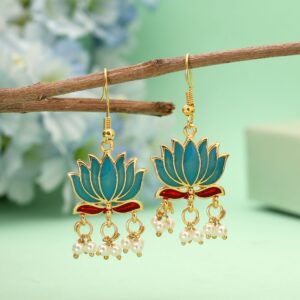 Handpainted Firozi Lotus Meenakari Dangle Earrings with Pearl Drops