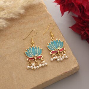 Handpainted Firozi Lotus Meenakari Dangle Earrings with Pearl Drops
