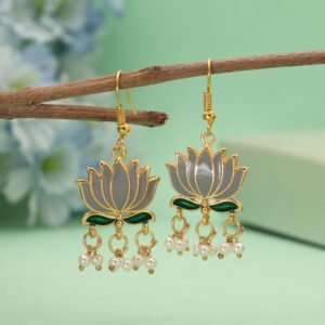 Handpainted Grey Lotus Meenakari Dangle Earrings with Pearl Drops