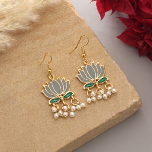 Handpainted Grey Lotus Meenakari Dangle Earrings with Pearl Drops