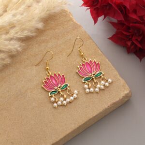 Handpainted Rani Color Green Lotus Meenakari Dangle Earrings with Pearl Drops