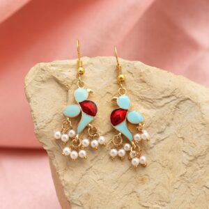 Sky Blue & Red Meenakari Bird Dangle Earrings with Pearl Beads