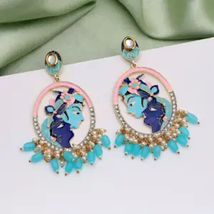 Radha Krishna Enamel Oval Statement Earrings (Sky Blue & Royal Blue)